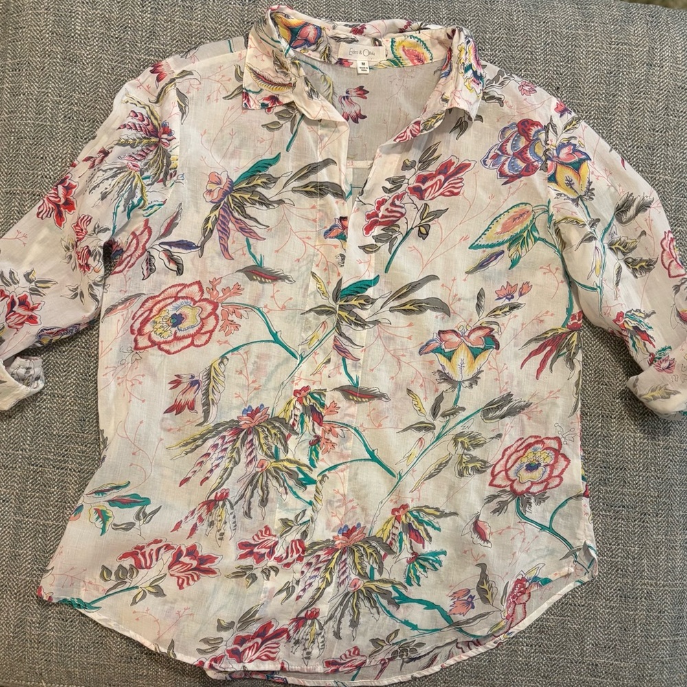 Effortless Summer Floral Blouse | Lightweight Boho Button-Up Top 100% Cotton M - Picture 3 of 6